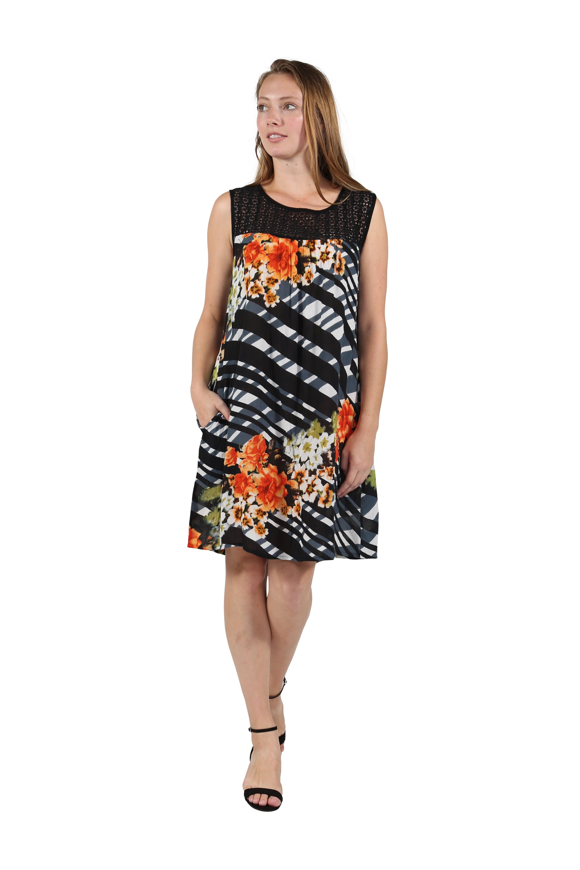 Crochet Yoke Geometrical Print Dress - La Cera