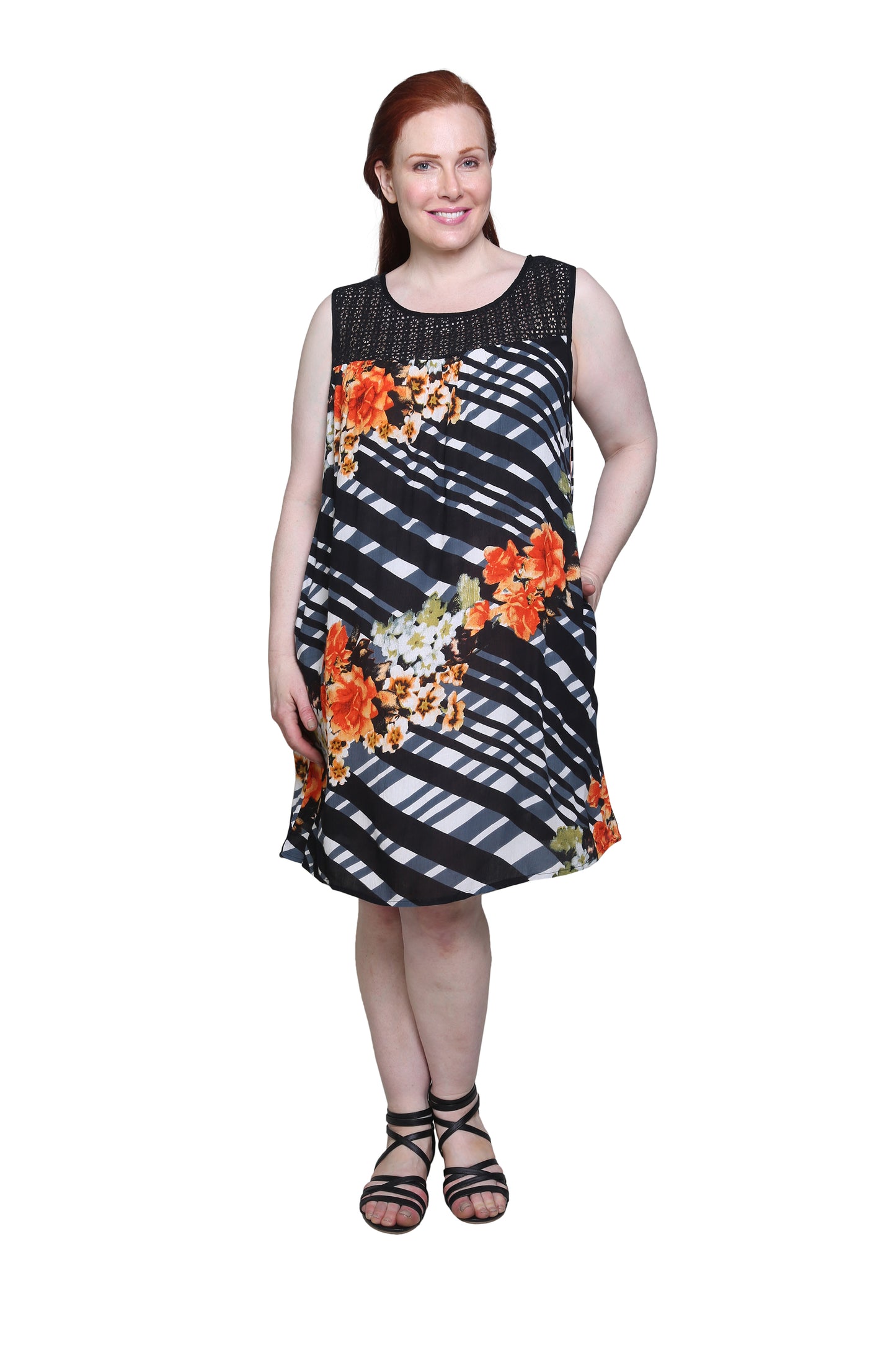 Plus Size Crochet Yoke Geometrical Print Dress