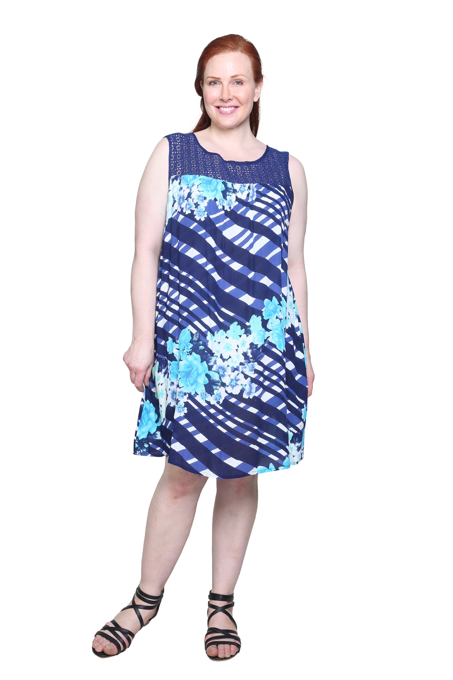 Plus Size Crochet Yoke Geometrical Print Dress