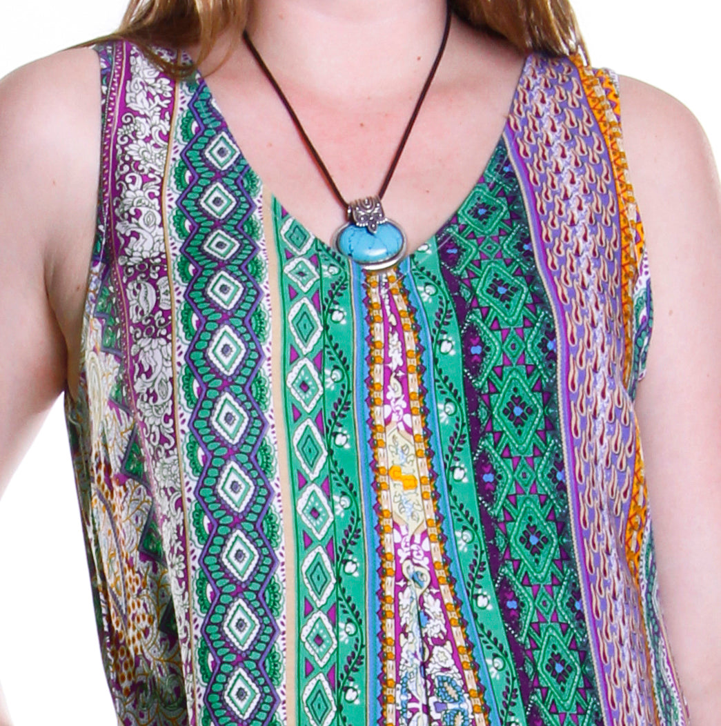 La Cera Green Multi Print Sleeveless Dress - La Cera