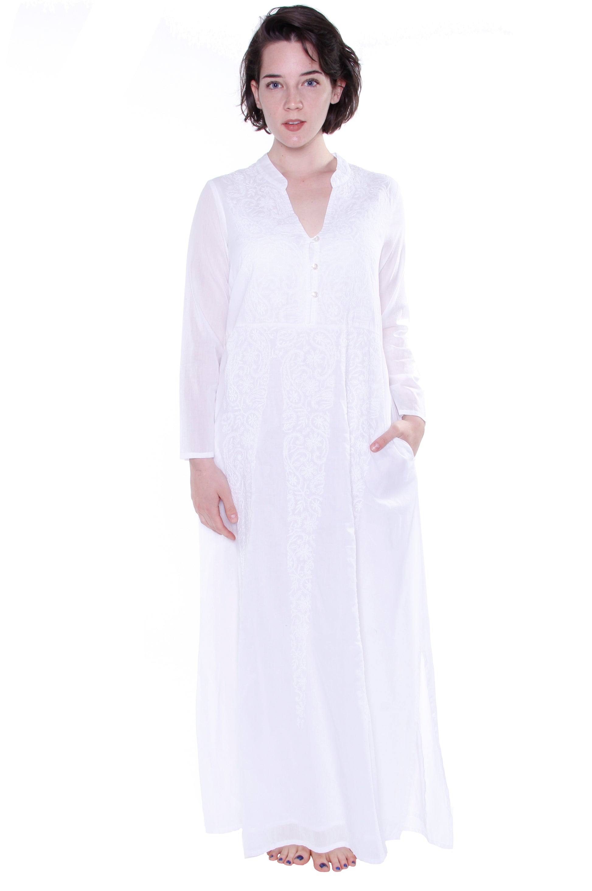 La Cera Notch V-Neck Embroidered Caftan - La Cera