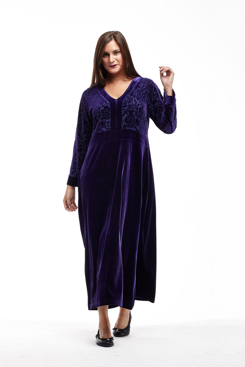 Vestido de terciopelo desgastado con ribetes de jacquard
