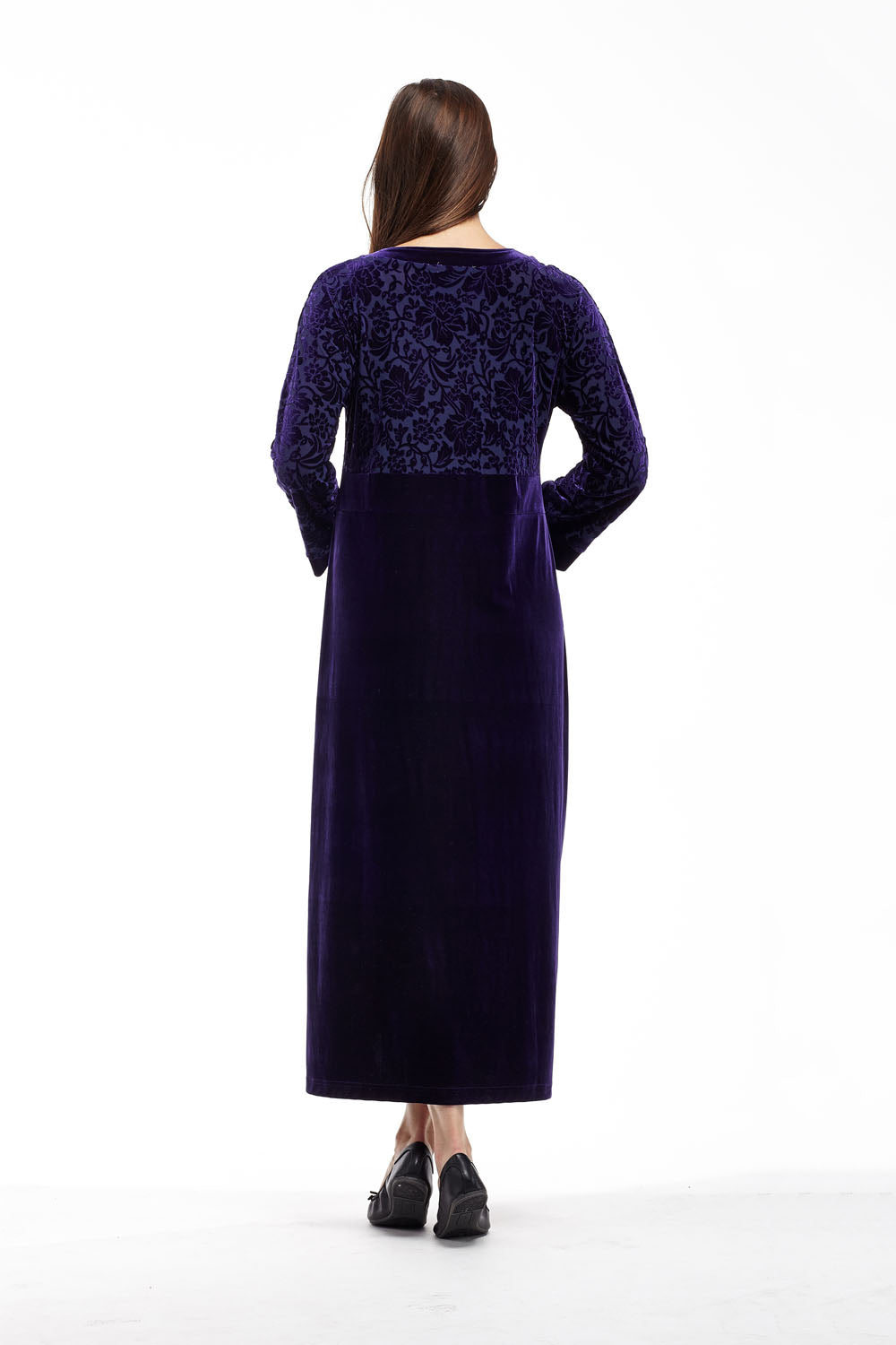Vestido de terciopelo desgastado con ribetes de jacquard