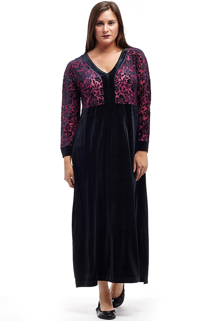 Vestido de terciopelo desgastado con ribetes de jacquard