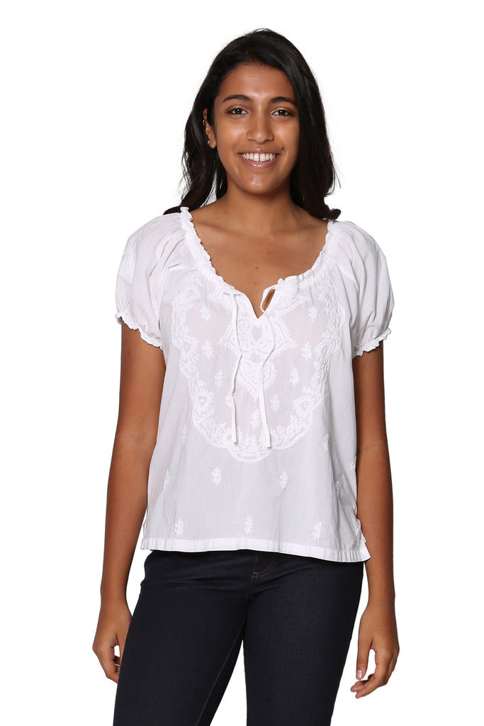 La Cera White Embroidered Short Sleeve Peasant Top - La Cera