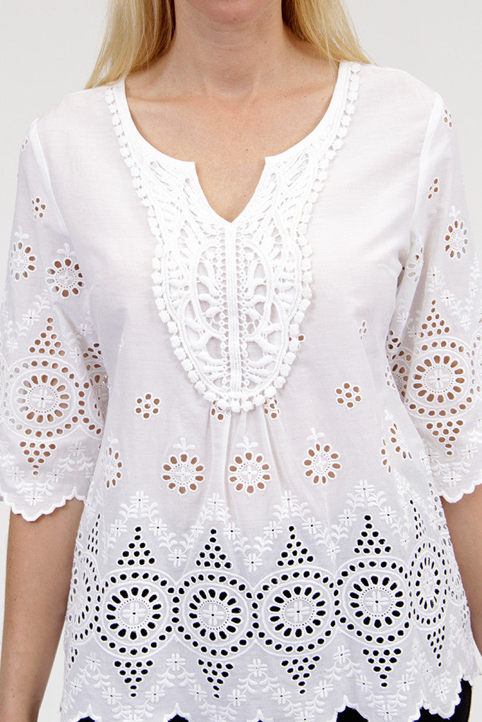 La Cera 3/4 Eyelet Lace Top - La Cera - 1