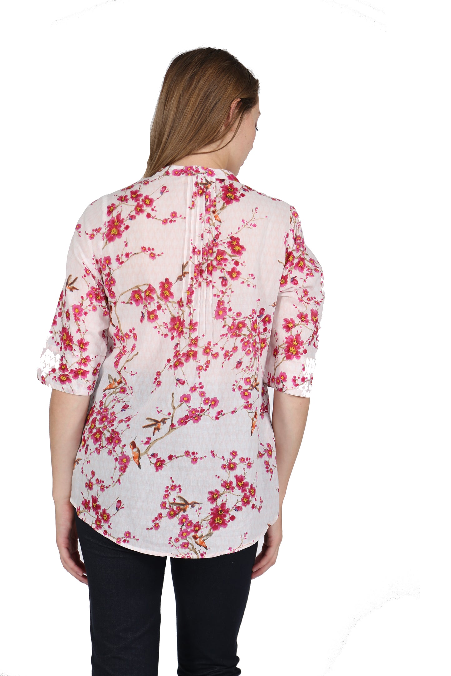 Top de algodón con estampado de helechos y parte delantera plisada