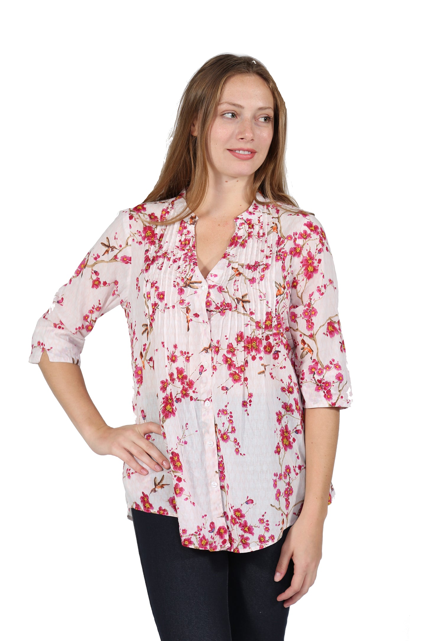 Top de algodón con estampado de helechos y parte delantera plisada