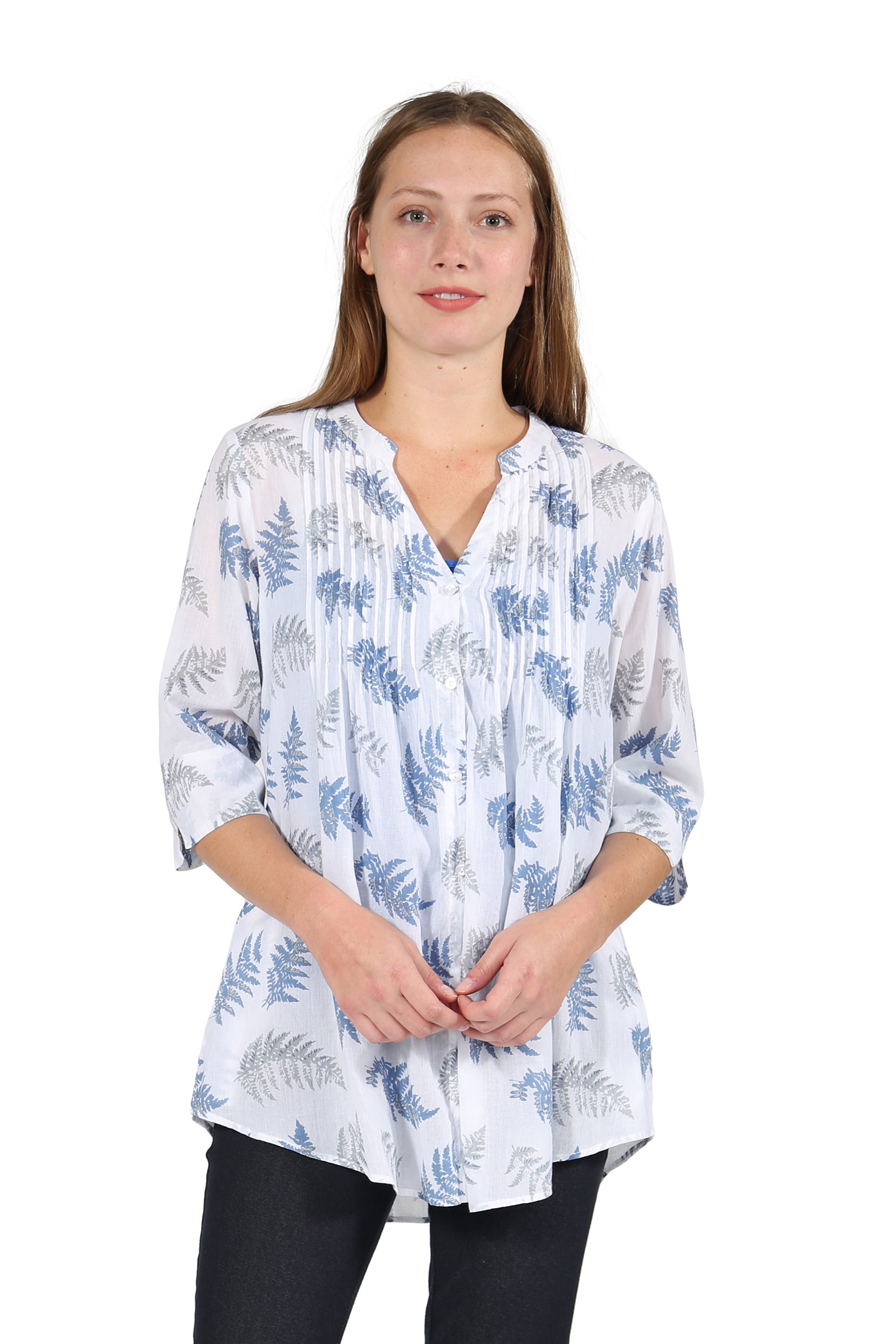 Pleat Front Printed Cotton Top - La Cera