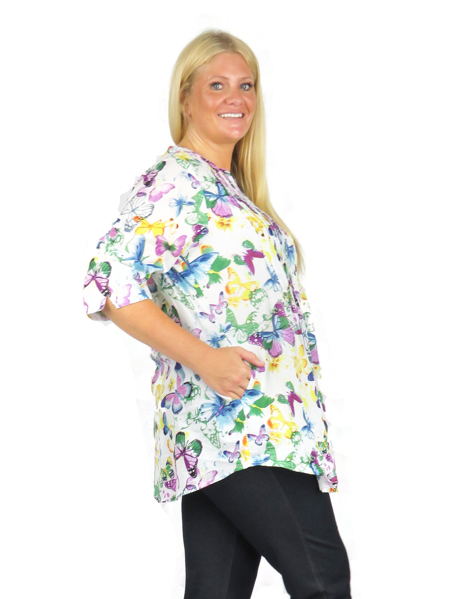 La Cera Rainbow Butterfly Print Pleated Tunic - Plus Size