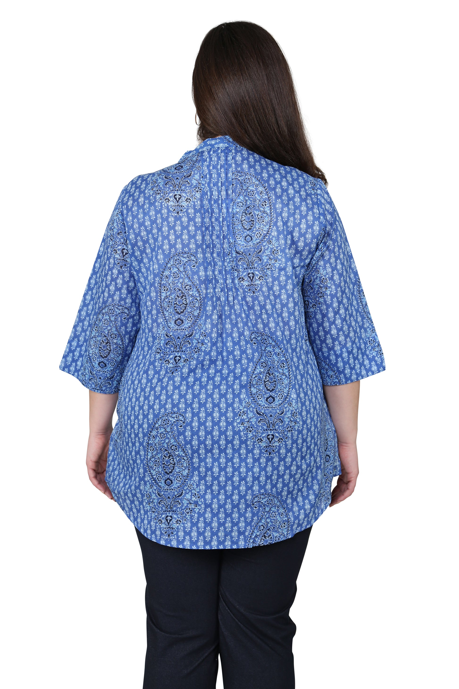 Plus Size Blue Paisley Pleated Tunic - La Cera