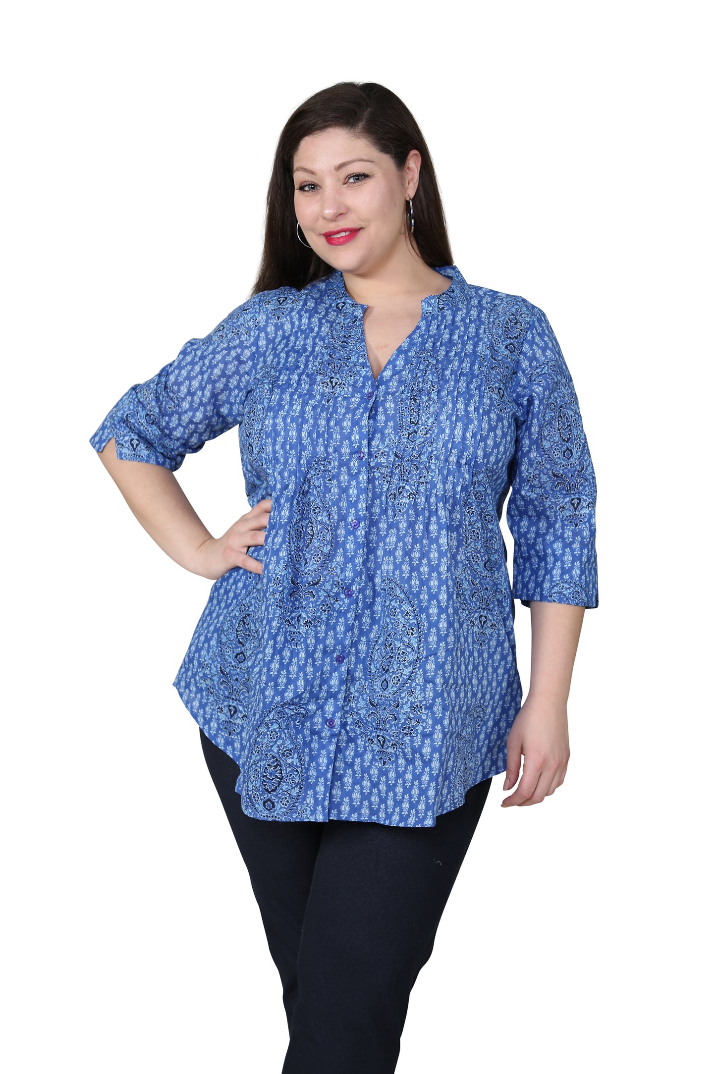 Plus Size Blue Paisley Pleated Tunic - La Cera