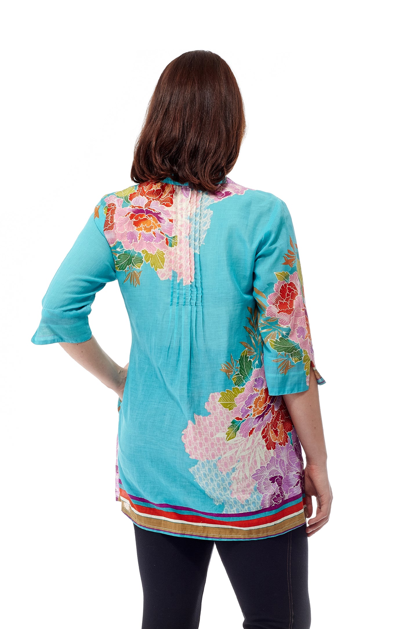 Floral Border Print Tunic with Release Pleats - La Cera