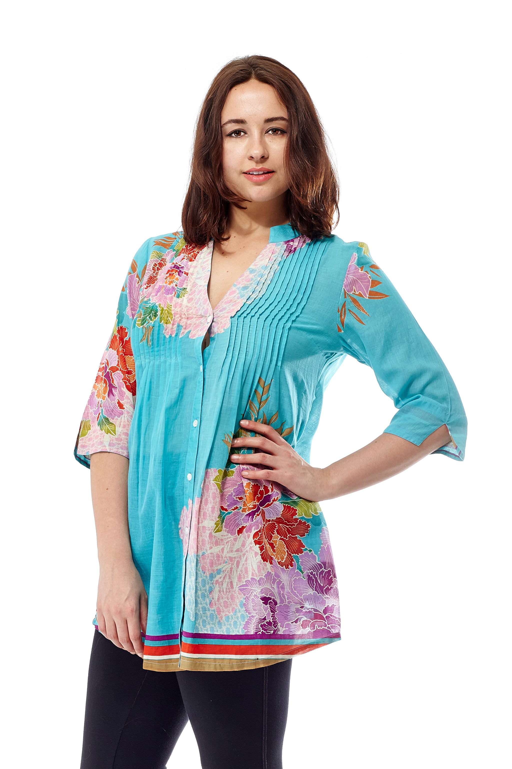 Floral Border Print Tunic with Release Pleats - La Cera