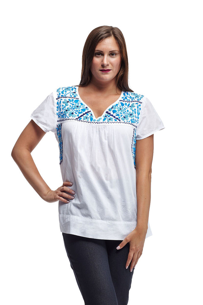 La Cera Cap Sleeve Hand Embroidered White Top - La Cera