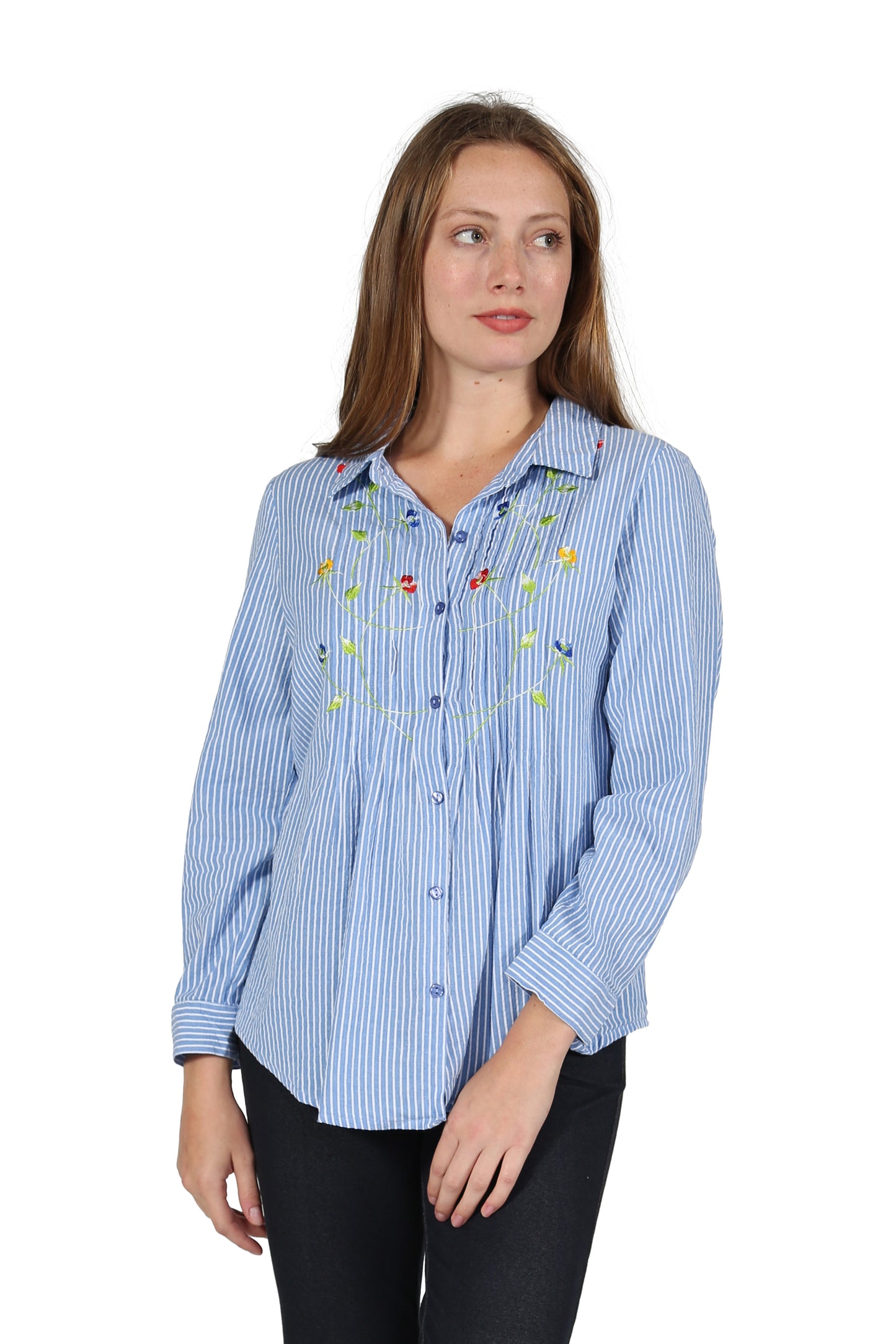 Camisa de seersucker con botones bordados en la parte delantera
