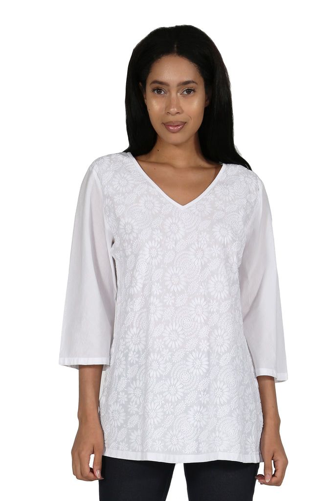 White Floral Embroidered Top - La Cera