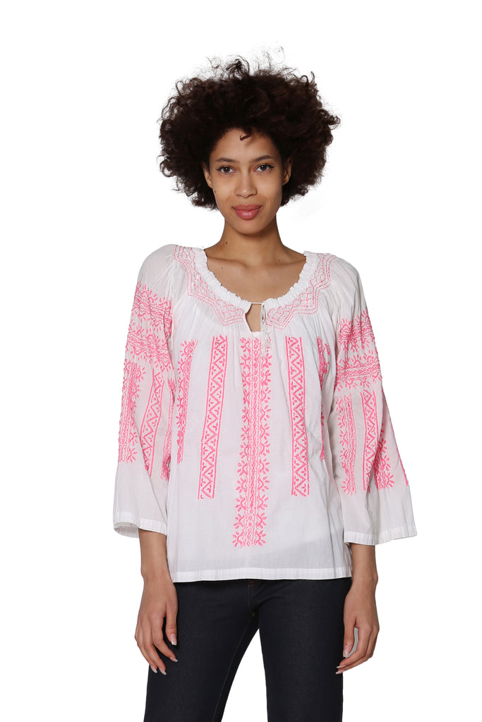 La Cera Hand-Embroidered Peasant Top - La Cera