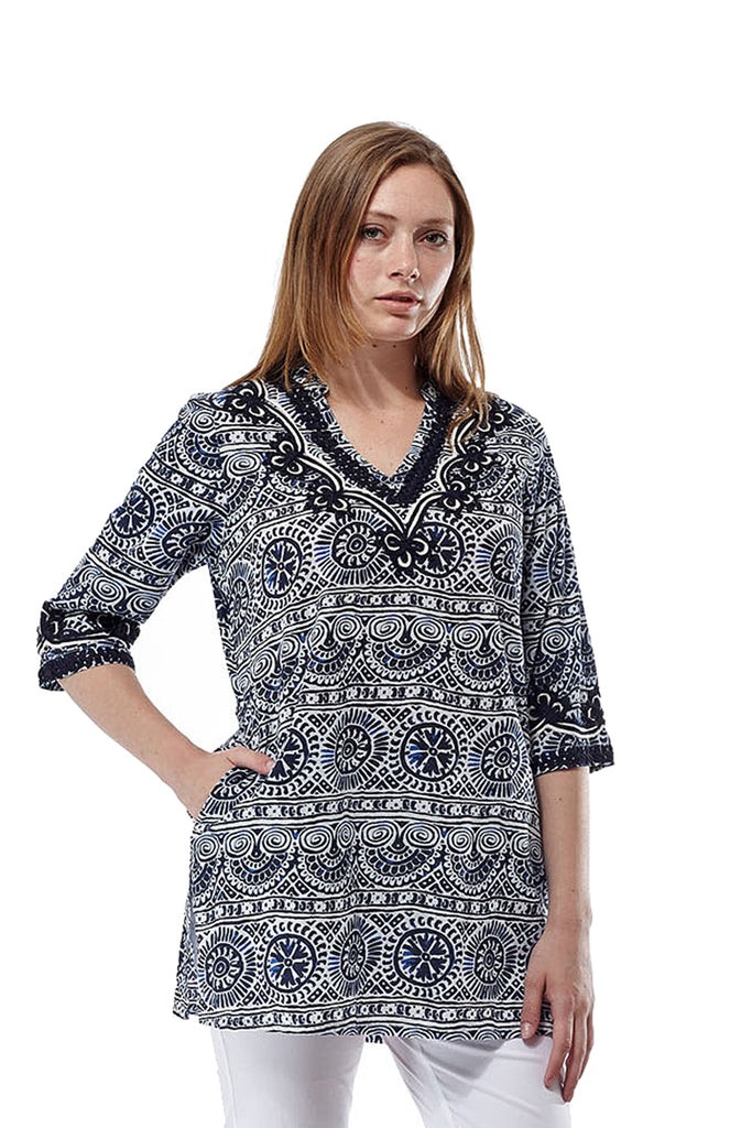 La Cera Short Sleeve Printed Tunic Top - La Cera