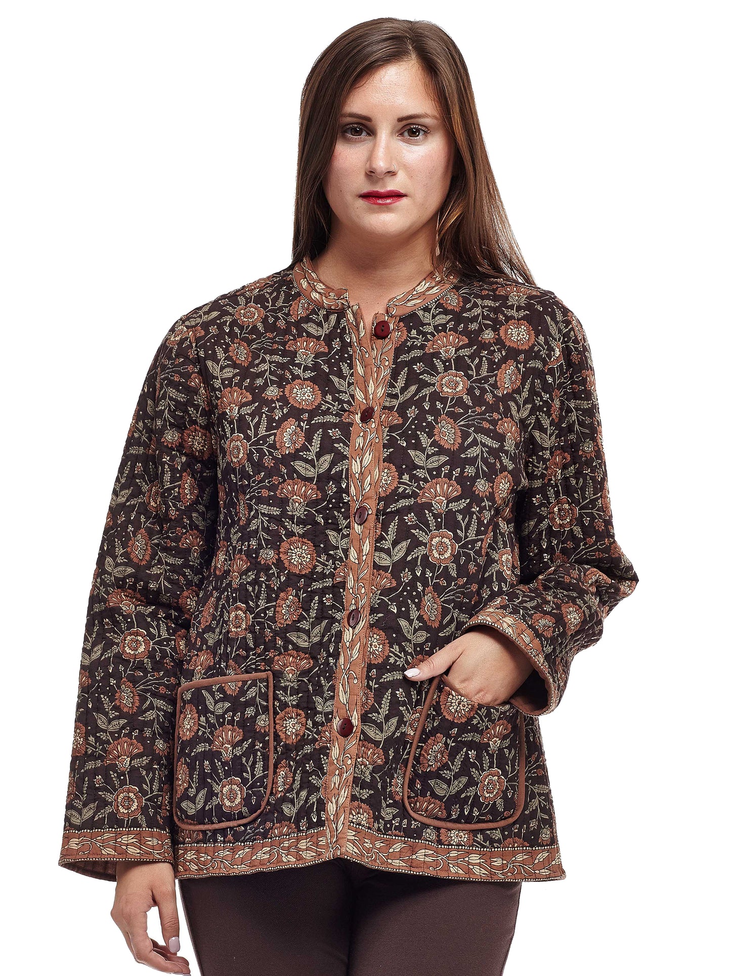 La Cera Quilted Brown Mandarin Jacket - La Cera