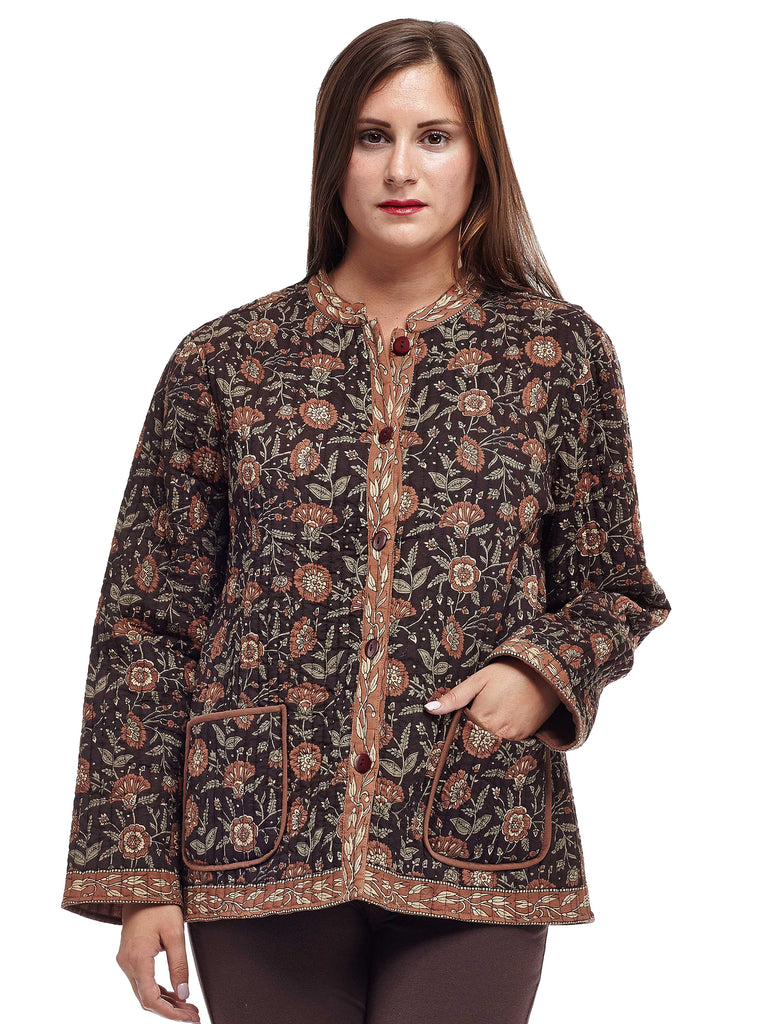 La Cera Quilted Brown Mandarin Jacket - La Cera