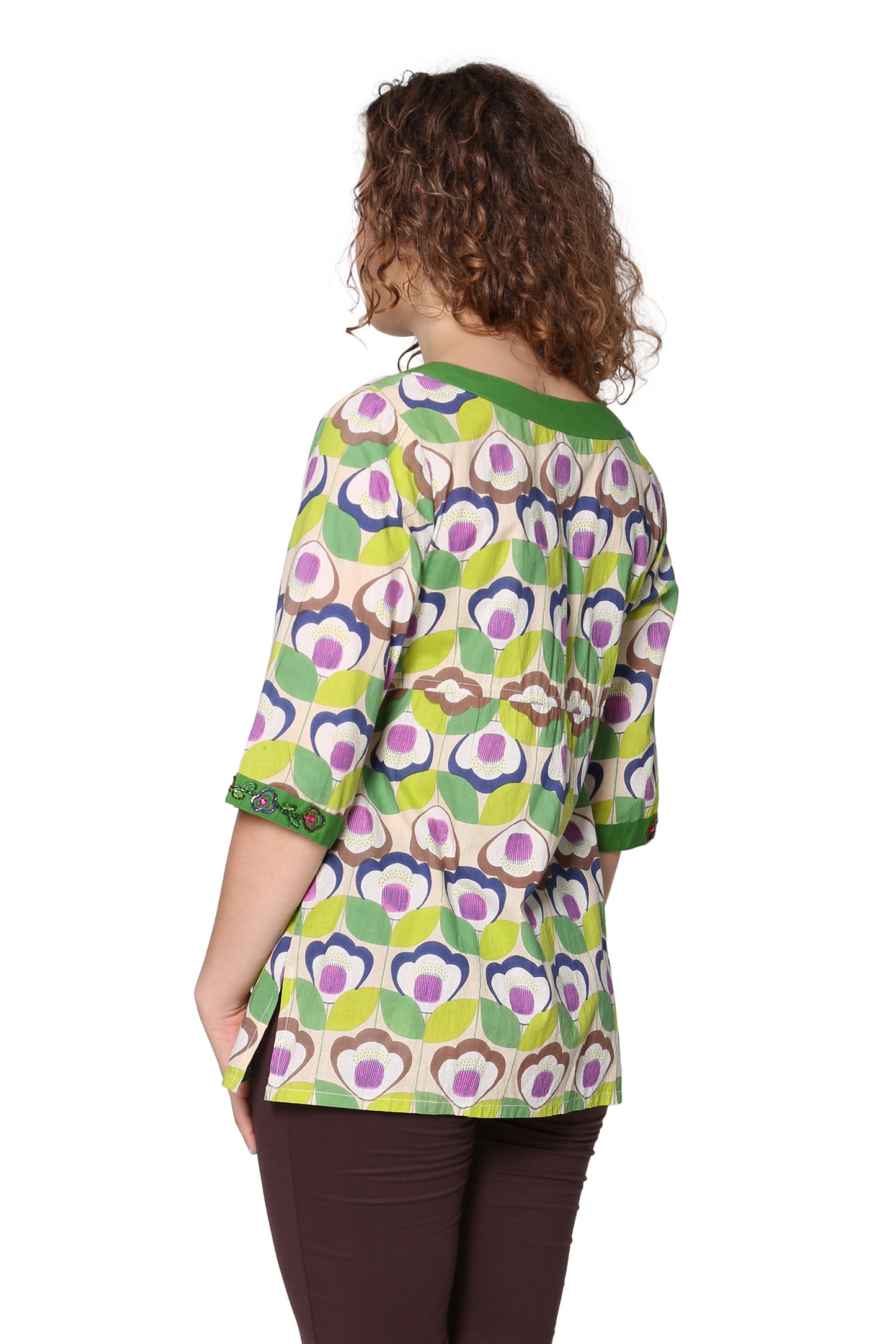 Túnica bordada de gasa de algodón floral verde