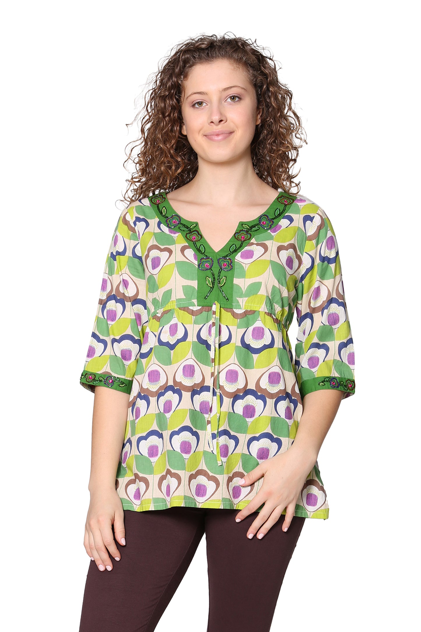 Túnica bordada de gasa de algodón floral verde