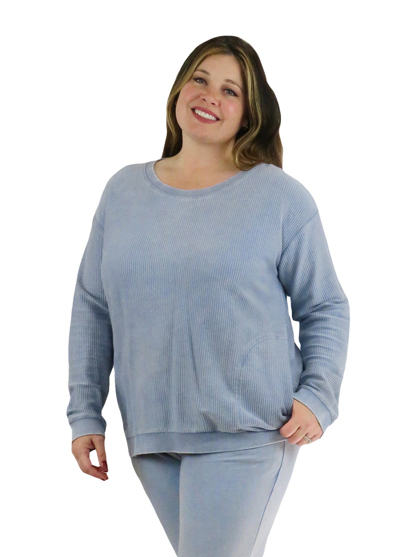 Washed Corduroy Rib Knit Long Sleeve Top Plus Size