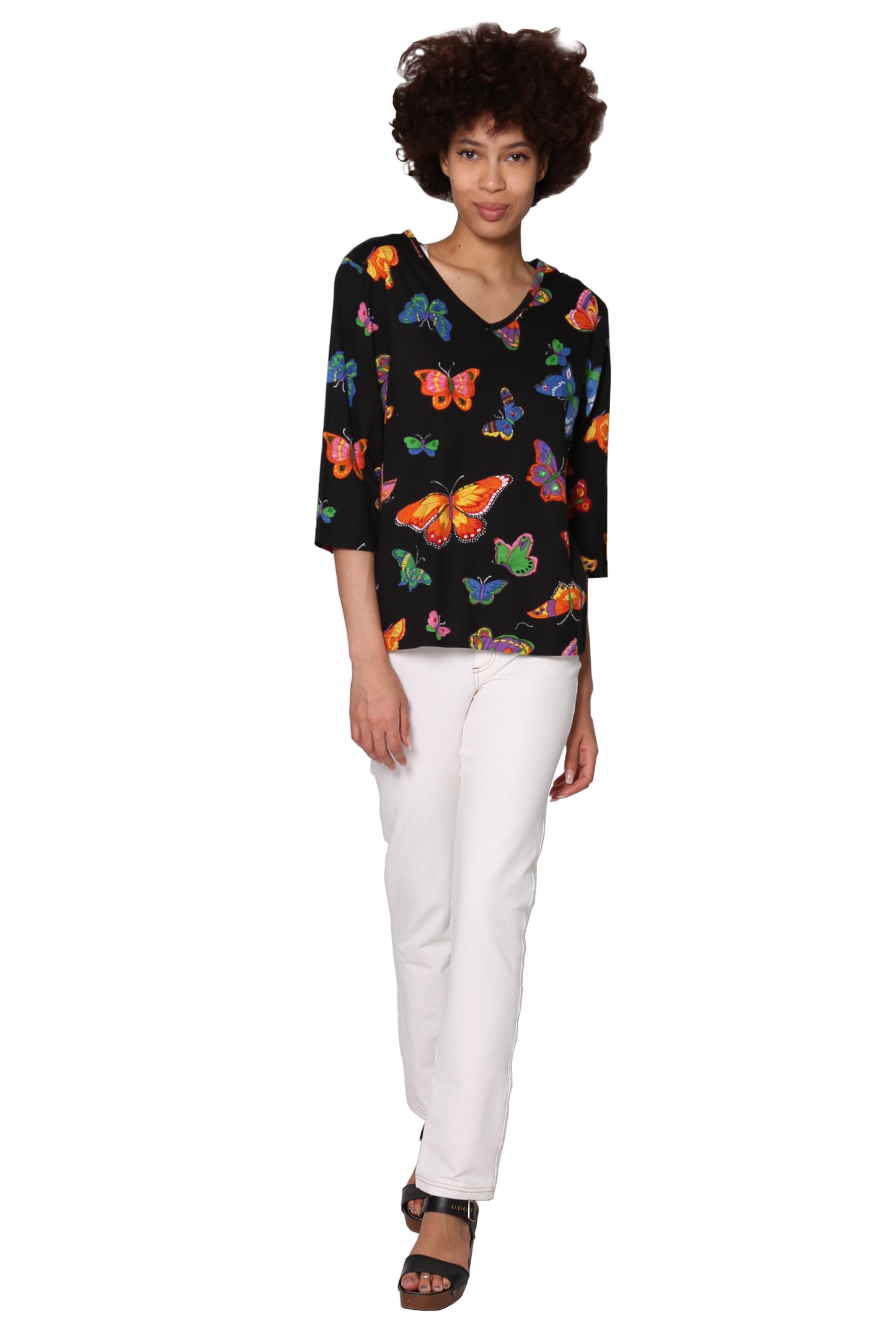 Camiseta de punto de algodón con estampado de mariposas