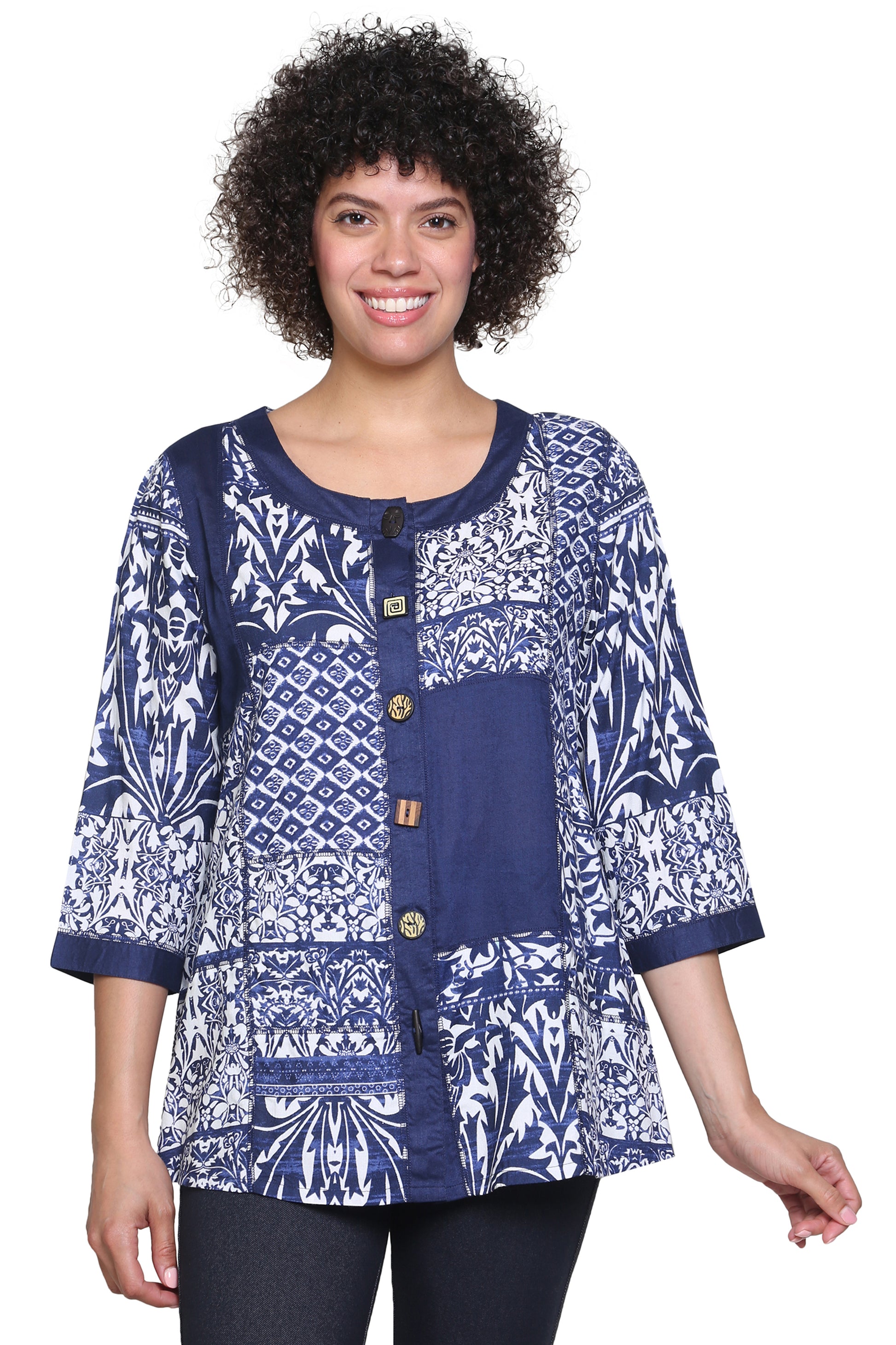 La Cera Navy Patchwork Top - La Cera