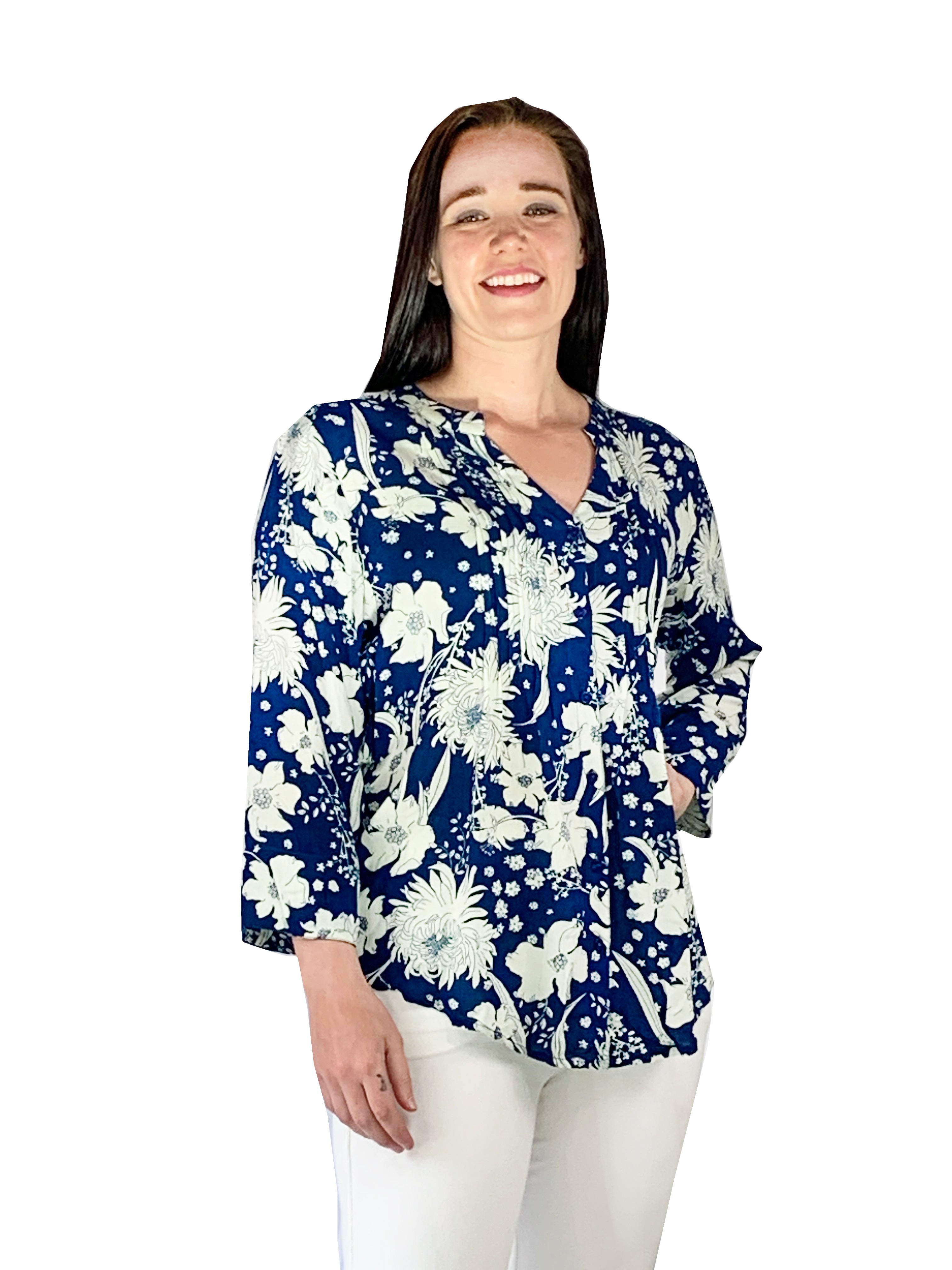 Pleat Front Printed Rayon Top - La Cera