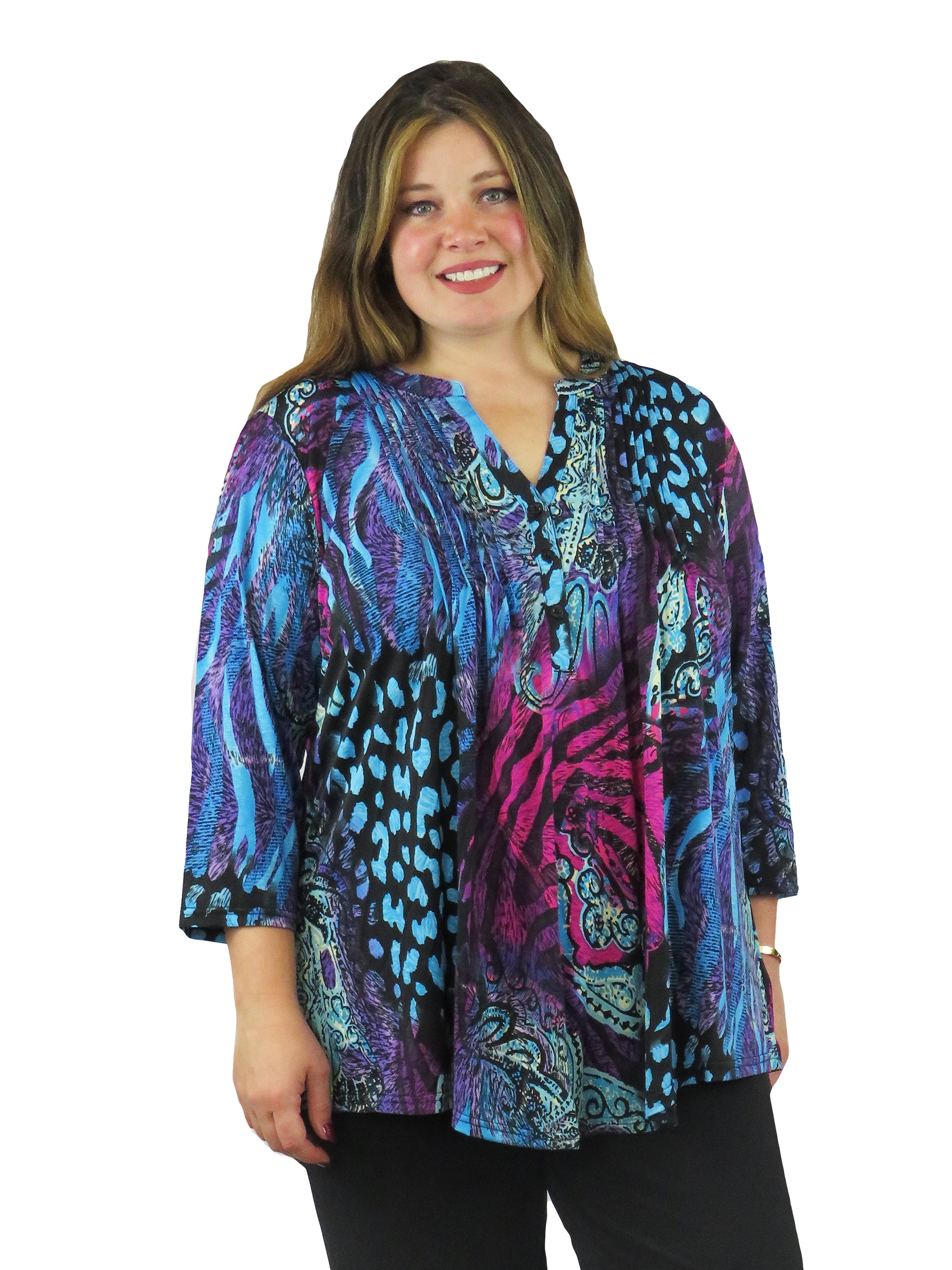 Plus Size La Cera Pleat Front Printed Tunic Purple - La Cera