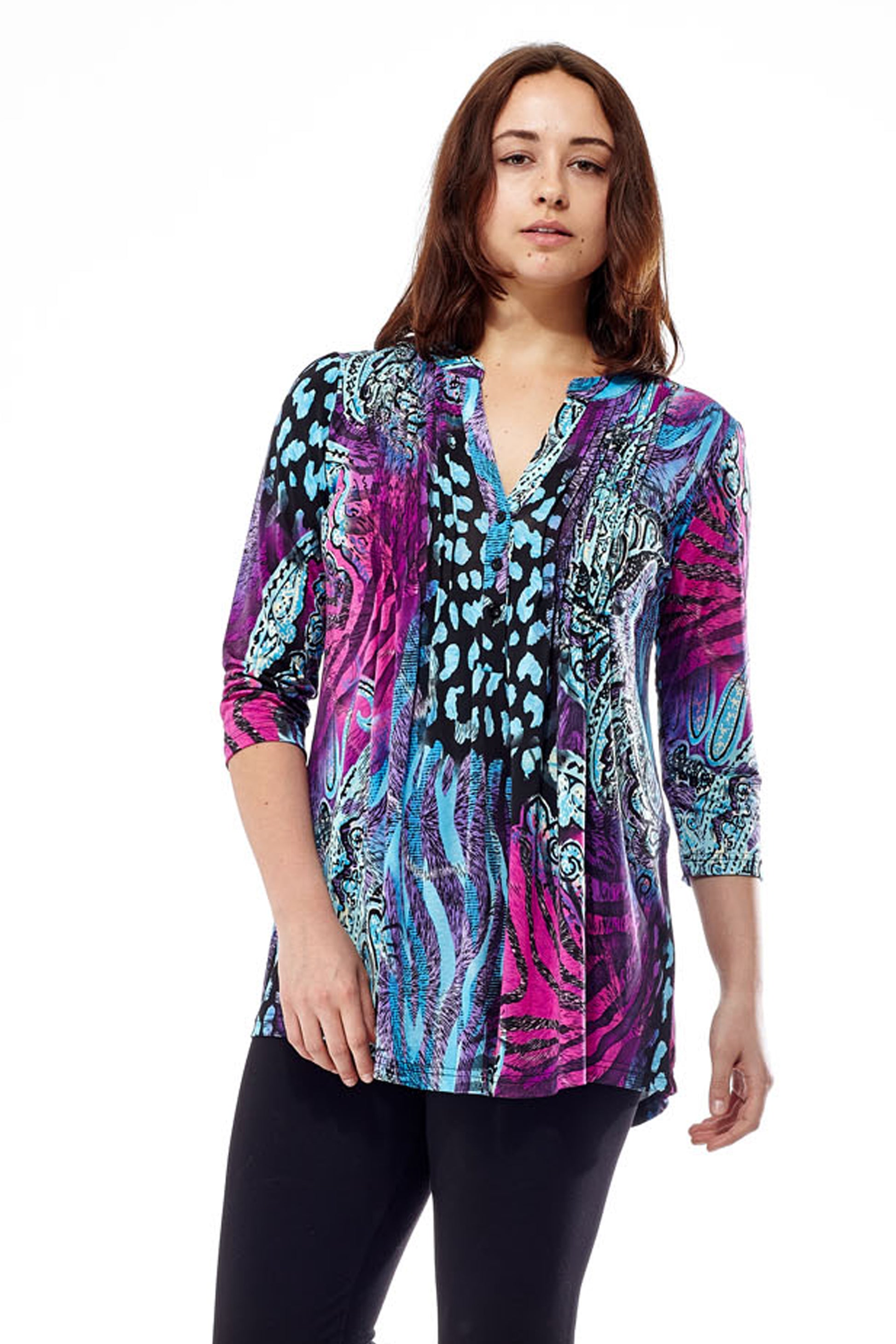 La Cera Pleat Front Printed Tunic Purple - La Cera