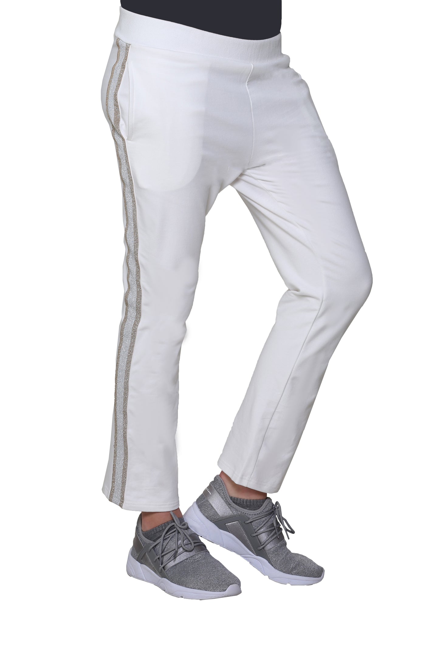 Pantalón de rizo francés de talla grande con ribete de rayas de esmoquin de lúrex