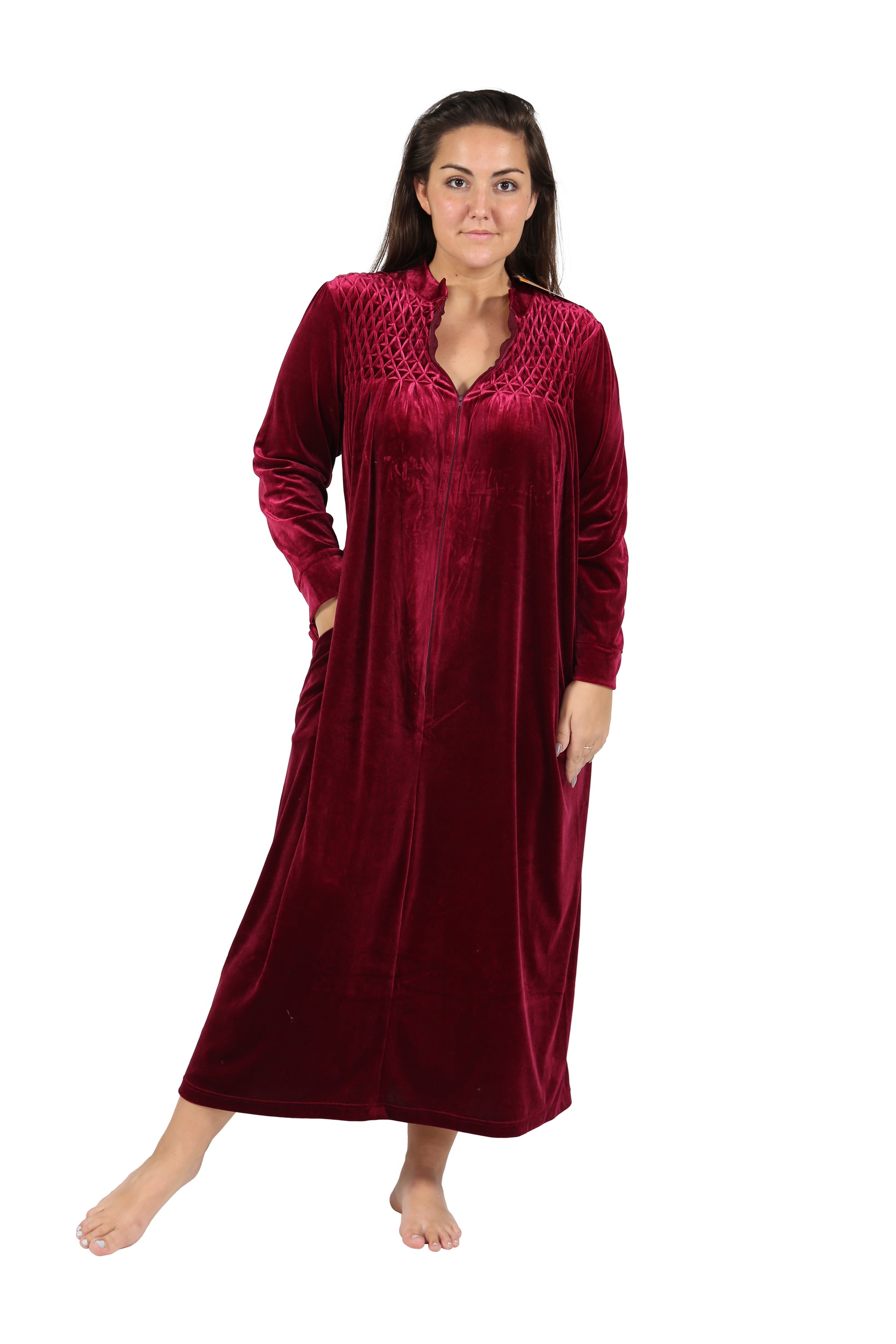 Plus Size Smocked Velour Zip Front Robe - La Cera