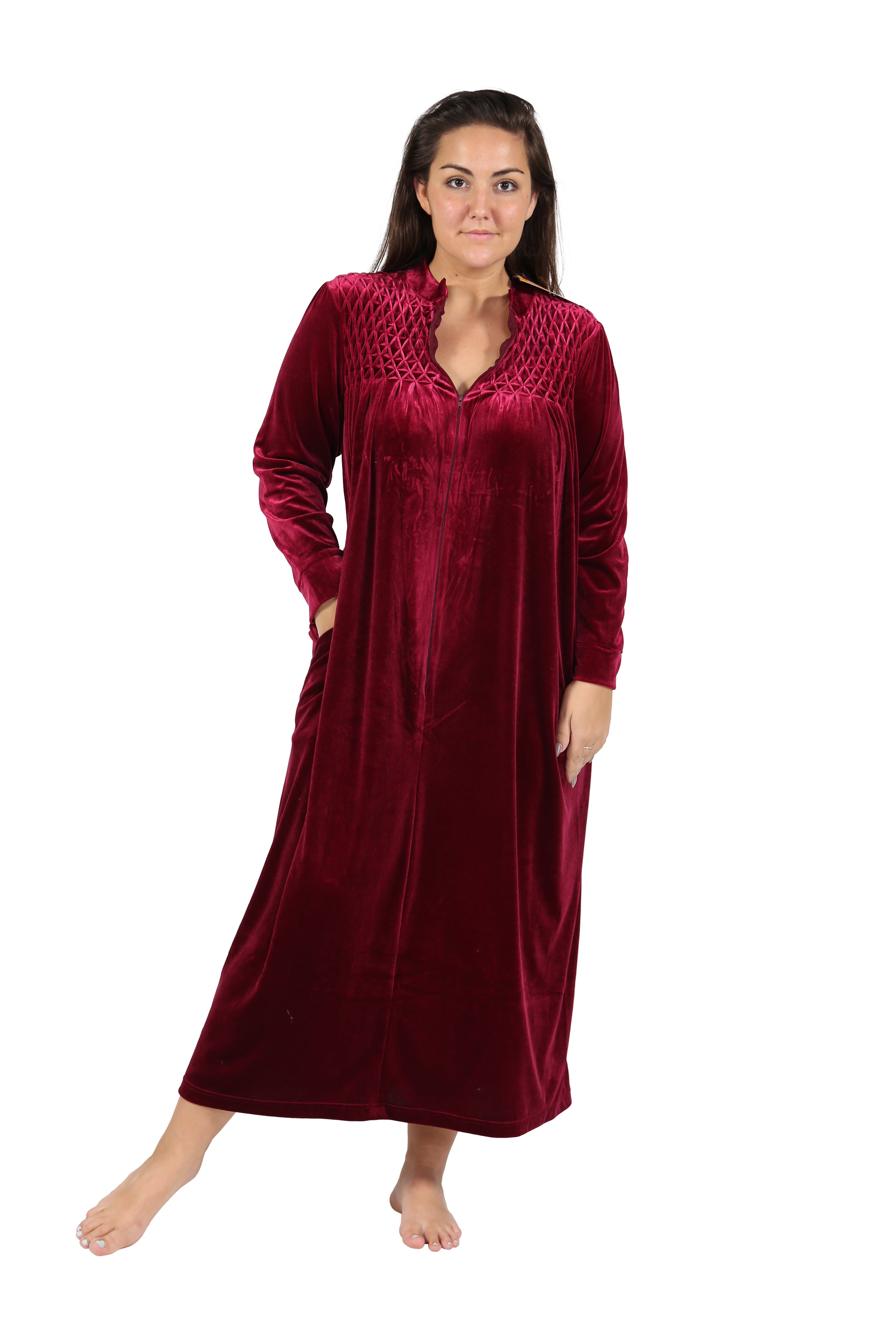 Plus Size Smocked Velour Zip Front Robe - La Cera