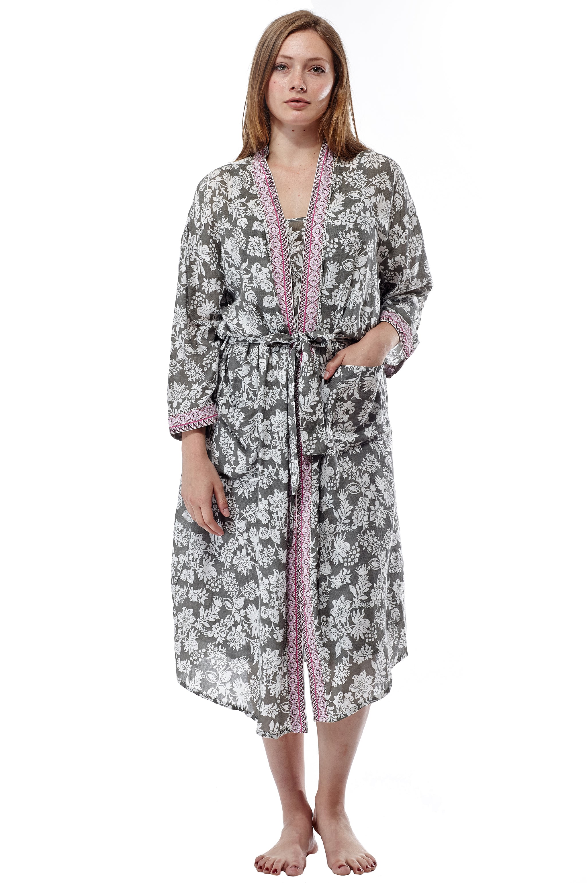 Rayon Sage Floral Robe - La Cera