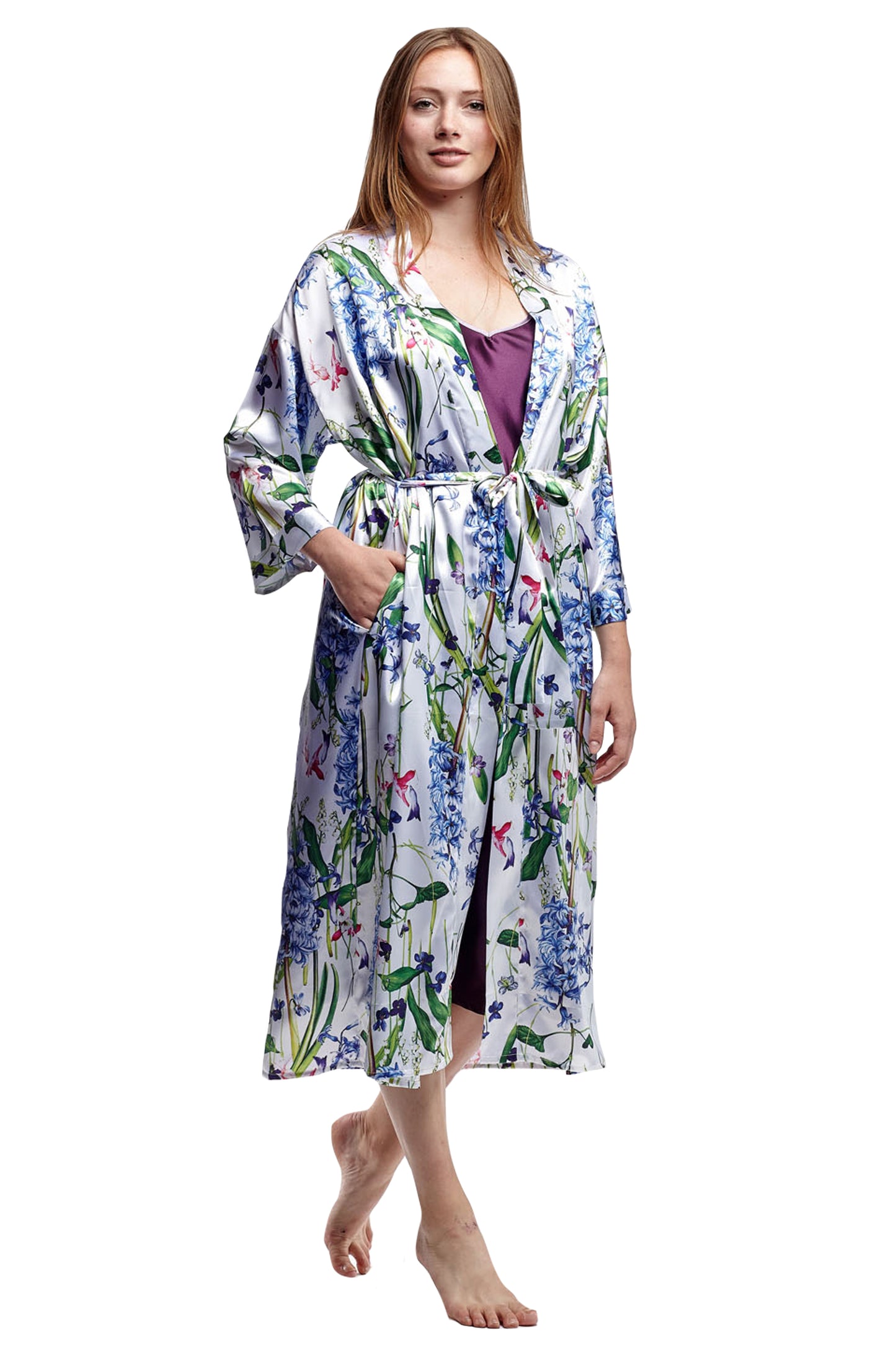 Plus Size Long Floral Lilac Satin Robe - La Cera