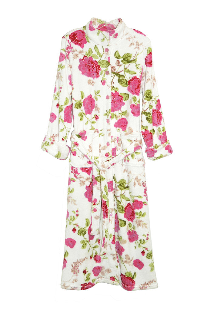 La Cera Floral Fleece Bathrobe with Belt - La Cera - 3