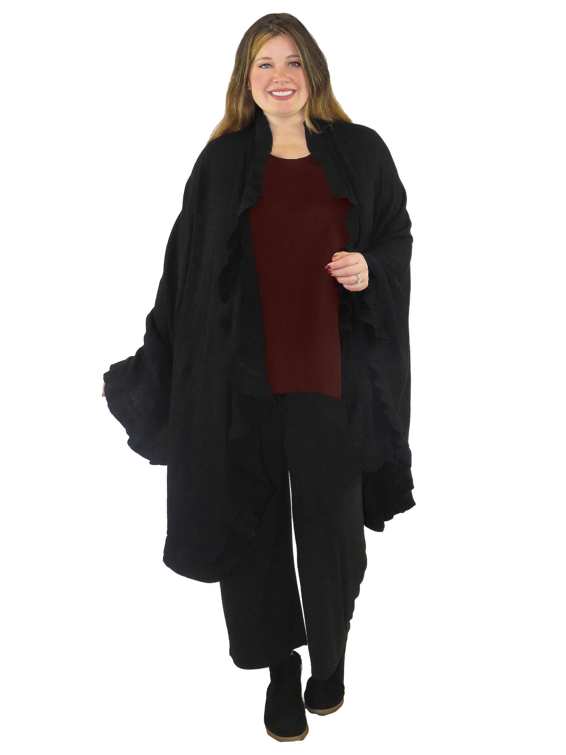 La Cera Solid Split Poncho Shawl - La Cera