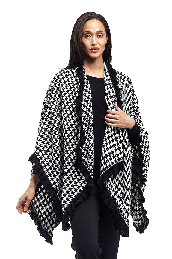 La Cera Houndstooth Split Poncho Shawl - La Cera